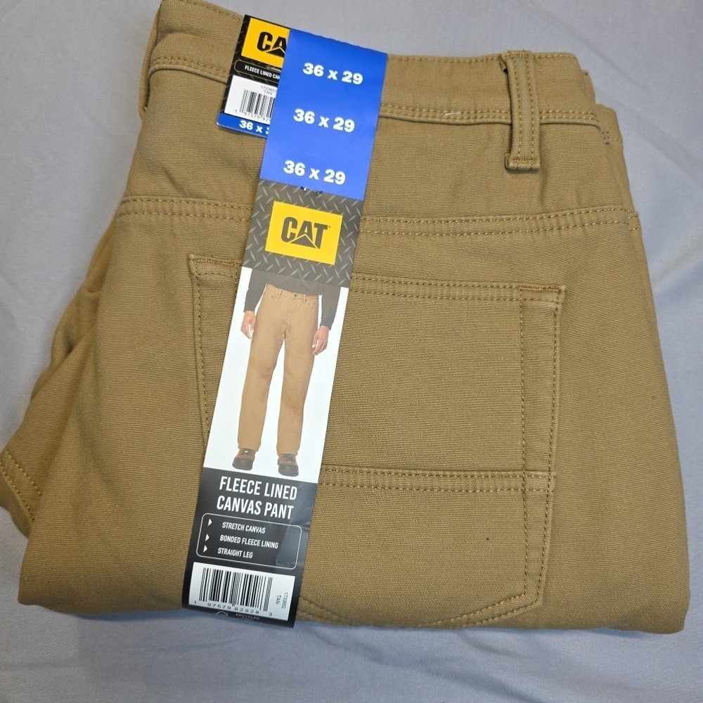 CAT Men's Straight Leg Fleece Lined Stretch Canvas Work Pants 36 x 29 Tan NWT